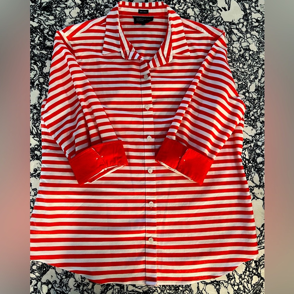 Jones New York Signature Orange and White Striped Non-Iron Button Down Top